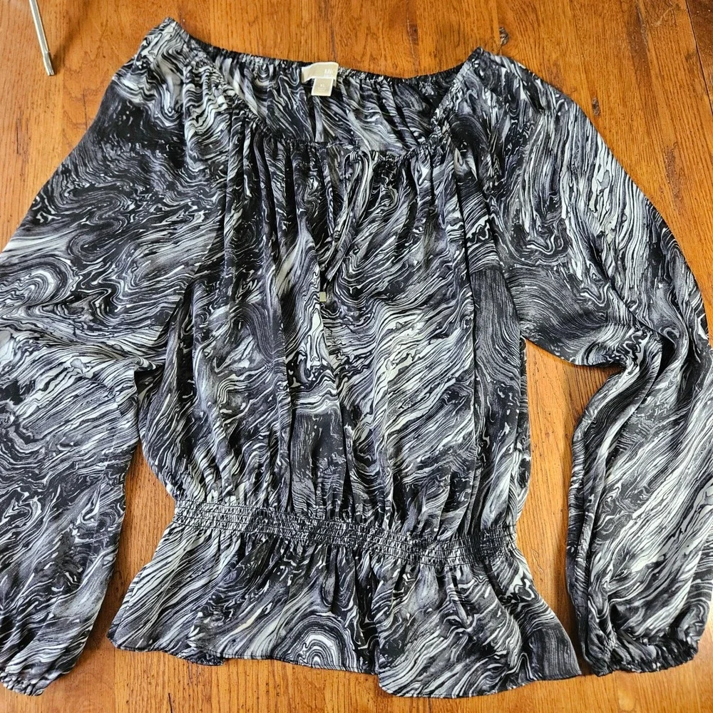 Michael Kors Blouse Top Black White Marble Print Long Sleeve Women's XL‎